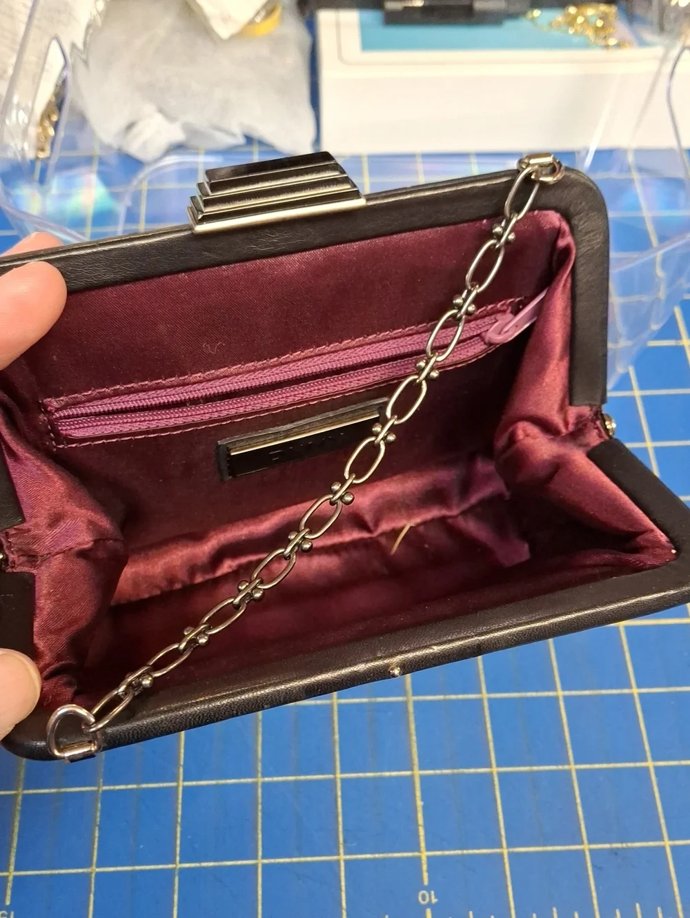 DKNY 1990s Vintage Elegant Black Velvet Evening Clutch with Chain 7.5x6x2.5